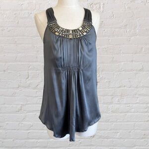 Cache Gray Silk Sleeveless Blouse with Embellished Neckline and Pleats